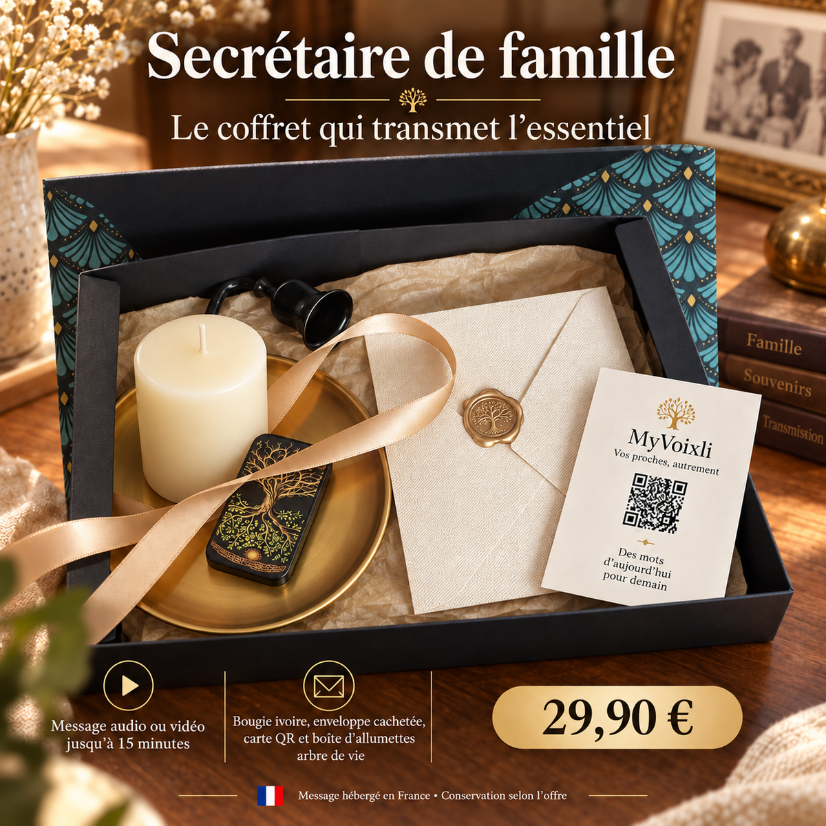 Coffret Secrétaire de famille avec bougie ivoire, enveloppe cachetée, carte QR et boîte d’allumettes arbre de vie