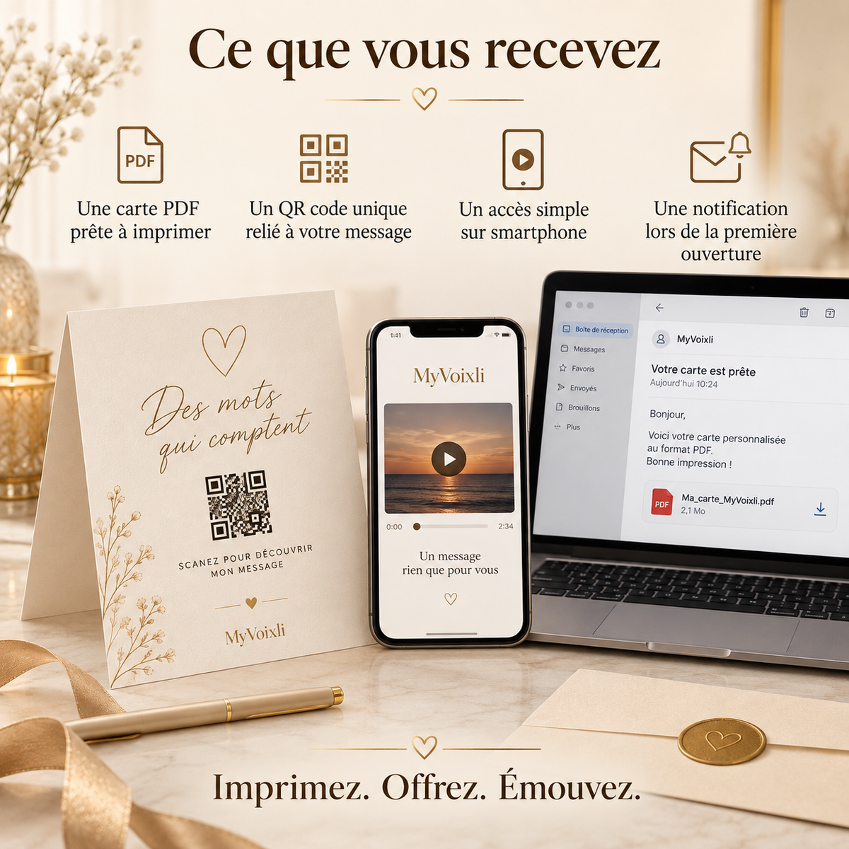 Contenu de l’offre MyVoixli : carte PDF, QR code et notification